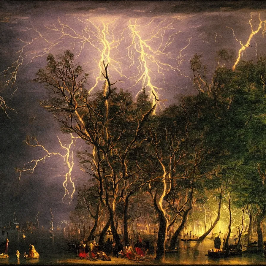 Prompt: closeup of a night carnival around a magical in a summer storm, tree cavity with a music scenario with many fireworks and christmas lights, next to a lake with iridiscent lake water, volumetric lightning, folklore people disguised with fantastic creatures in a magical forest by summer night, masterpiece painted by caspar david friedrich, scene by dark night environment, refraction lights,