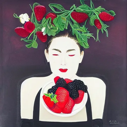 Image similar to “art in an Australian artist’s apartment, portrait of a woman wearing black silk cloth, eating luscious fresh raspberries and strawberries and blueberries, white wax, edible flowers, Japanese pottery, ikebana, black walls, acrylic and spray paint and oilstick on canvas”