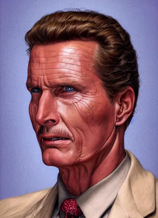 Image similar to portrait of Robert Stack from Unsolved Mysteries, highly detailed, centered, solid color background, digital painting, artstation, concept art, smooth, sharp focus, illustration, Jason Edmiston, donato giancola, Joseph Christian Leyendecker, Les Edwards, Ed Repka, WLOP, Artgerm