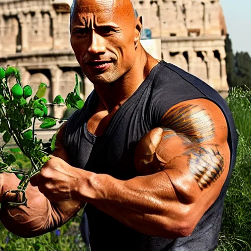 Prompt: dwayne johnson dressed as an electrician planting peas in ancient rome, portrait