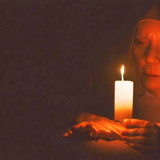 Prompt: a photograph of a nun worshipping at the altar of satan, dark room, candle lit
