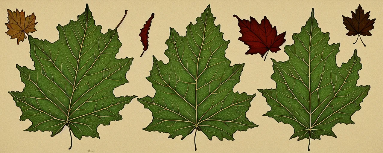 Prompt: leaf schematic, hybrid between oak leaf and wine leaf, ultra detailed, 4 k, intricate, encyclopedia illustration, fine color lines