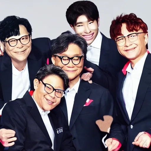 Prompt: lee sooman creating a new boyband that is not a part of neo culture technology, highly detailed, high - res, dreamscape, imagination, originality