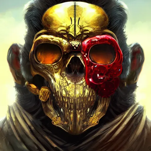 Prompt: a golden skull face monkey warrior with a ruby in his forehead, Apex Legends character digital illustration portrait design, by android jones, detailed, cinematic lighting, wide angle action dynamic portrait