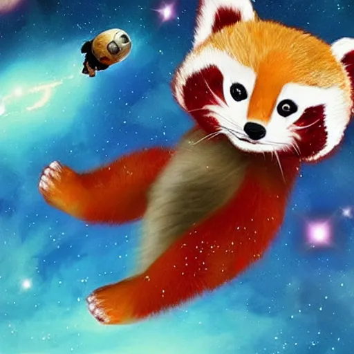 Prompt: astronaut red panda floating in space, stars and nebula in the background, cute