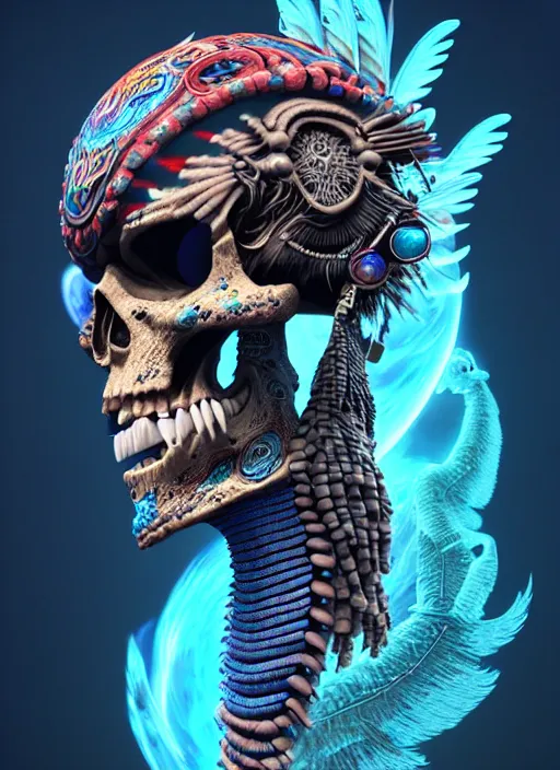 Image similar to 3 d shaman with tattoos profile portrait, sigma 5 0 0 mm f / 5. beautiful intricate highly detailed quetzalcoatl skull and feathers. bioluminescent, plasma, lava, ice, water, wind, creature, thunderstorm! artwork by tooth wu and wlop and beeple and greg rutkowski, 8 k trending on artstation,