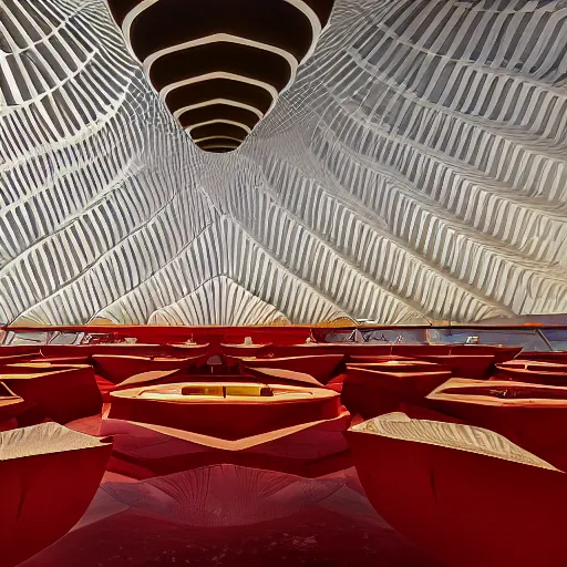 Image similar to interior of a futuristic lotus temple with gold, red and white marble panels, in the desert, by buckminster fuller and syd mead, intricate contemporary architecture with art nouveau motifs, photo journalism, photography, cinematic, national geographic photoshoot