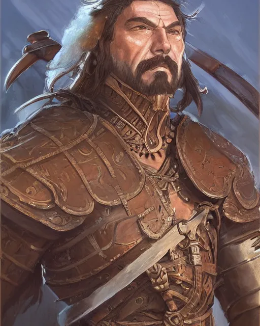 Prompt: digital painting of a warrior hernan cortes by filipe pagliuso and justin gerard, symmetric, fantasy, detailed, intricate, portrait, sharp focus, tarot card, studio ghibli color scheme, handsome, concept art