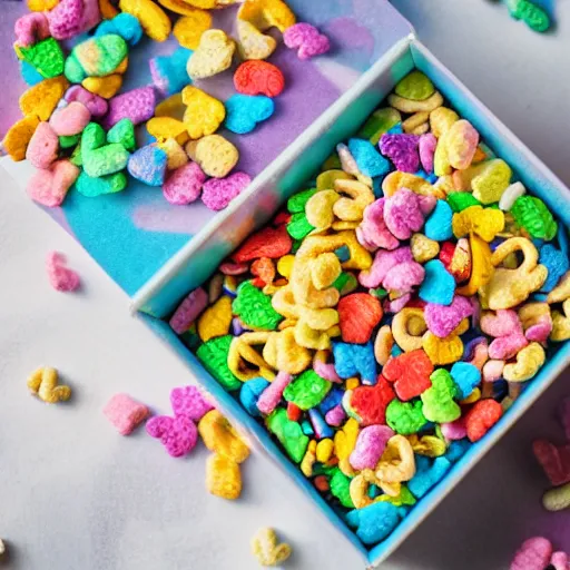 Prompt: professional advertisement photography of a box of lucky charms cereal