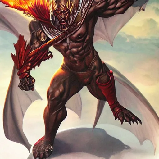 Prompt: dragon man with bronze skin, rpg artwork, fantasy setting, alex ross