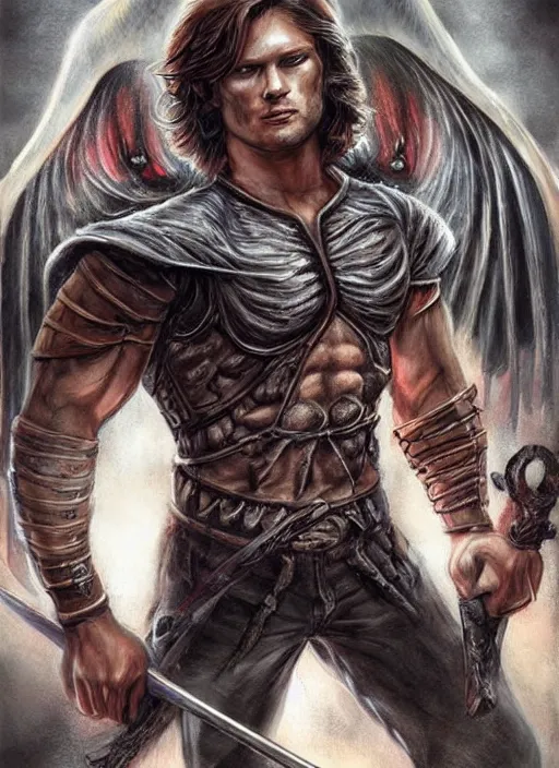 Image similar to front portrait of attractive Sam Winchester as a muscular warrior holding swords ⚔️ demon wings wide open, teared apart T-Shirt whole body tattooed with runes and satanic symbols, D&D!, fantasy style, sharp focus!, ultra detailed, art by Artgerm and Peter Andrew Jones, WLUP