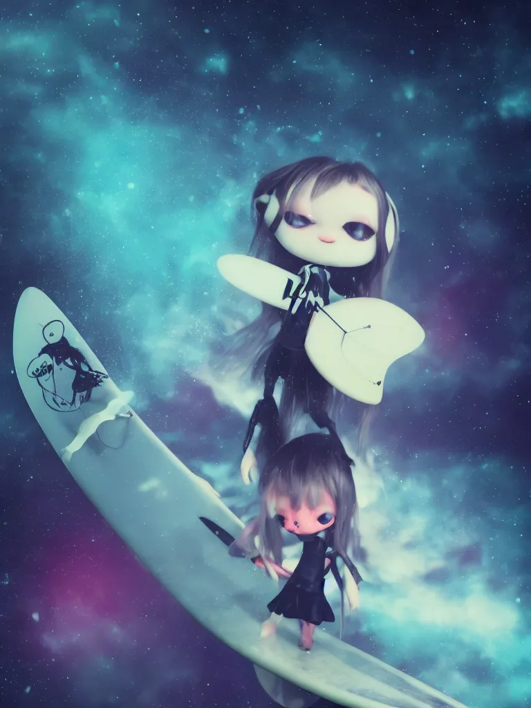 Image similar to cute fumo plush gothic maiden alien girl riding on a surfboard in the waves of the dark galactic abyss, splash, refractive optics, vignette, vray