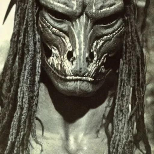 Image similar to photograph of yautja ( predator ) by edwardian, male, 1 9 0 0 s, 1 9 1 0 s, grainy, slightly blurry, faded, realistic face