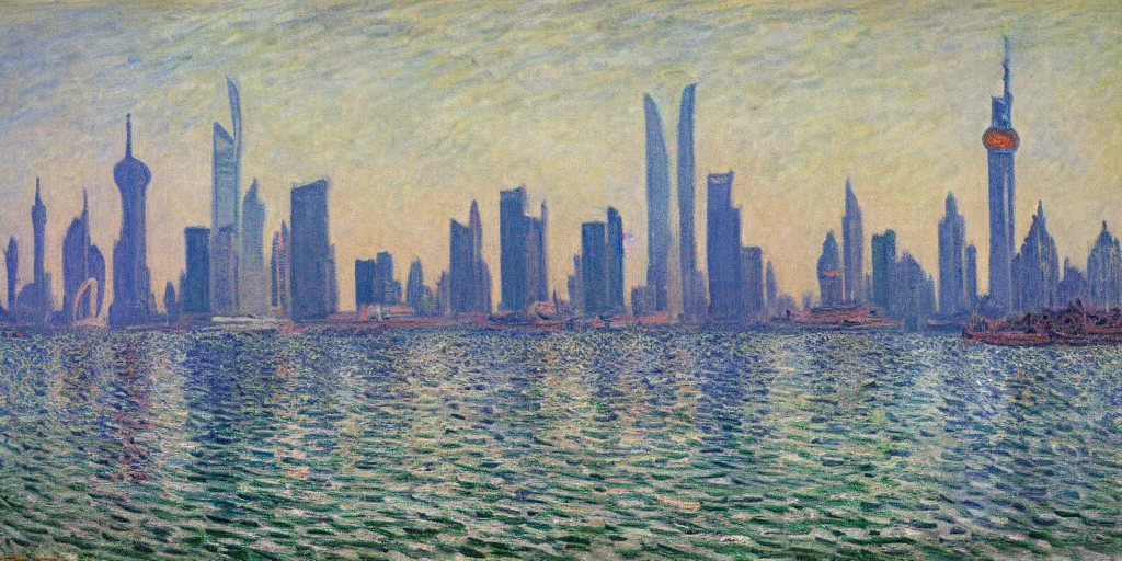 Image similar to an oil painting of Lujiazui, Shanghai, by Oscar-Claude Monet