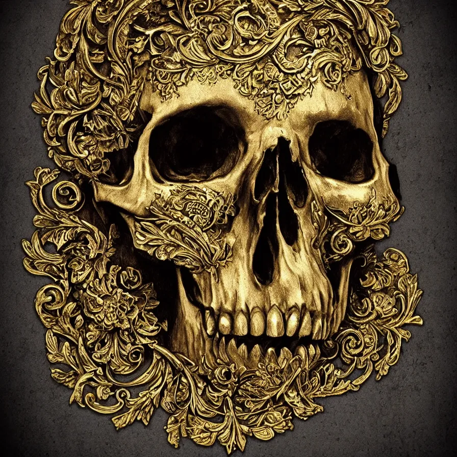 Prompt: skull by bill elis, gold, baroque, mandala, halo, rococo