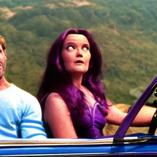 Image similar to thanos and louise belcher driving a convertible off a cliff, grainy 1 9 9 1 vhs tape, dramatic movie scene, very realistic