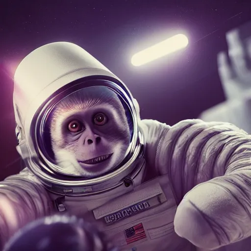 Image similar to astronaut monkeys, realistic, dramatic light, octane render, trending on artstation, cinematic, hyper realism, high detail, 8k