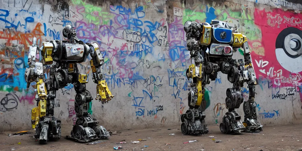 Image similar to giant mecha ROBOT of AJEGUNLE SLUMS of Lagos, graffiti on robots,