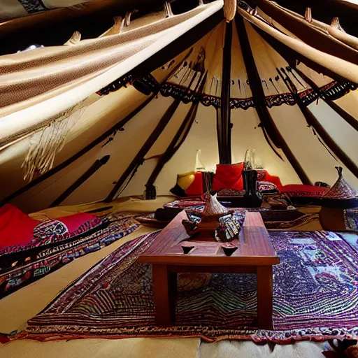 Prompt: tai warlord assemble in tai ethnic group traditional tent, mongol interior decoration