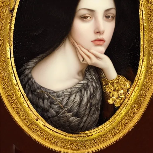 Prompt: highly detailed portrait of a beautiful cute girl with birds, endless black hair, with pale skin, fibonacci, fragile, sitted on an intricate stone throne by nicola samuri, by dino valls, m. w. kaluta, rule of thirds, seductive look, 4 k resolution
