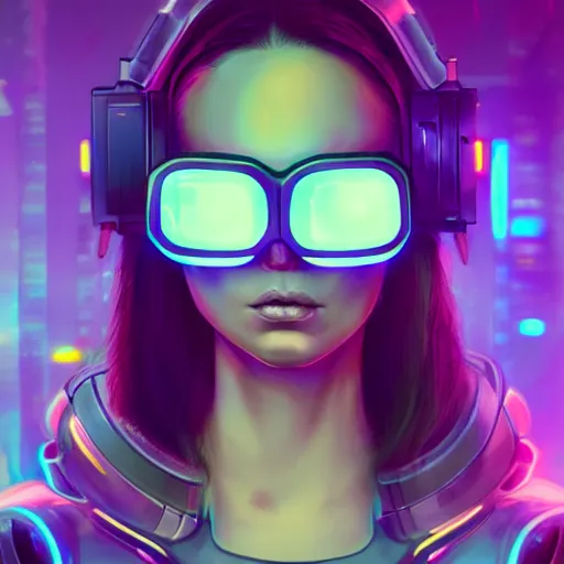 Image similar to cyberpunk concept cool girl cyborg bot, cinema 4 d, galaxy, ufo, space sci - fi, wearing vr goggles, illustration, portrait, pastel neon textured background night, trending on artstation, greg rutkowski, octane rendered, 1 2 k, detailed,