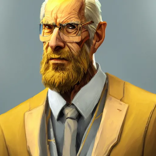 Image similar to a painted portrait of a tall old man in a golden suit, D&D, sci-fi, elegant, hopeful, muscular, highly detailed, digital painting, artstation, concept art, smooth, sharp focus, illustration