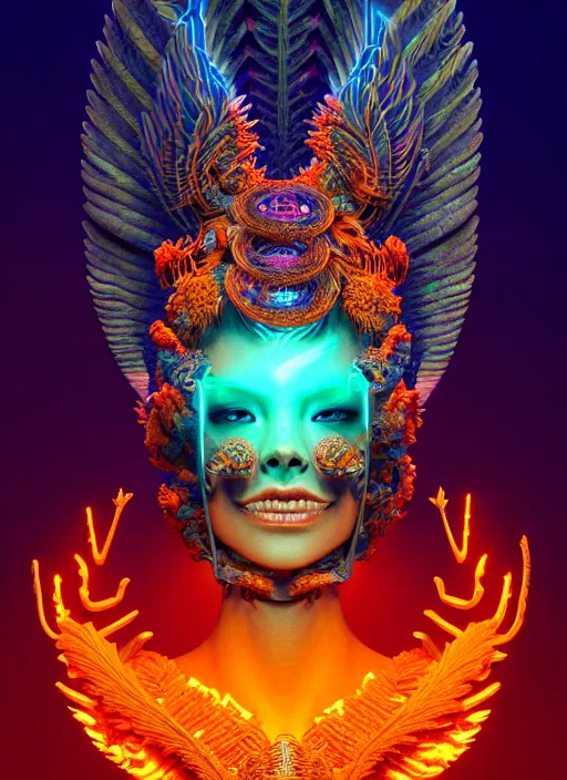 Image similar to 3 d goddess portrait, 8 k micro details global illumiantion beautiful intricate highly detailed quetzalcoatl skull and feathers. bioluminescent, fire, snow, water, wind, creature, thunderstorm! artwork by tooth wu and wlop and beeple and greg rutkowski, trending on artstation,