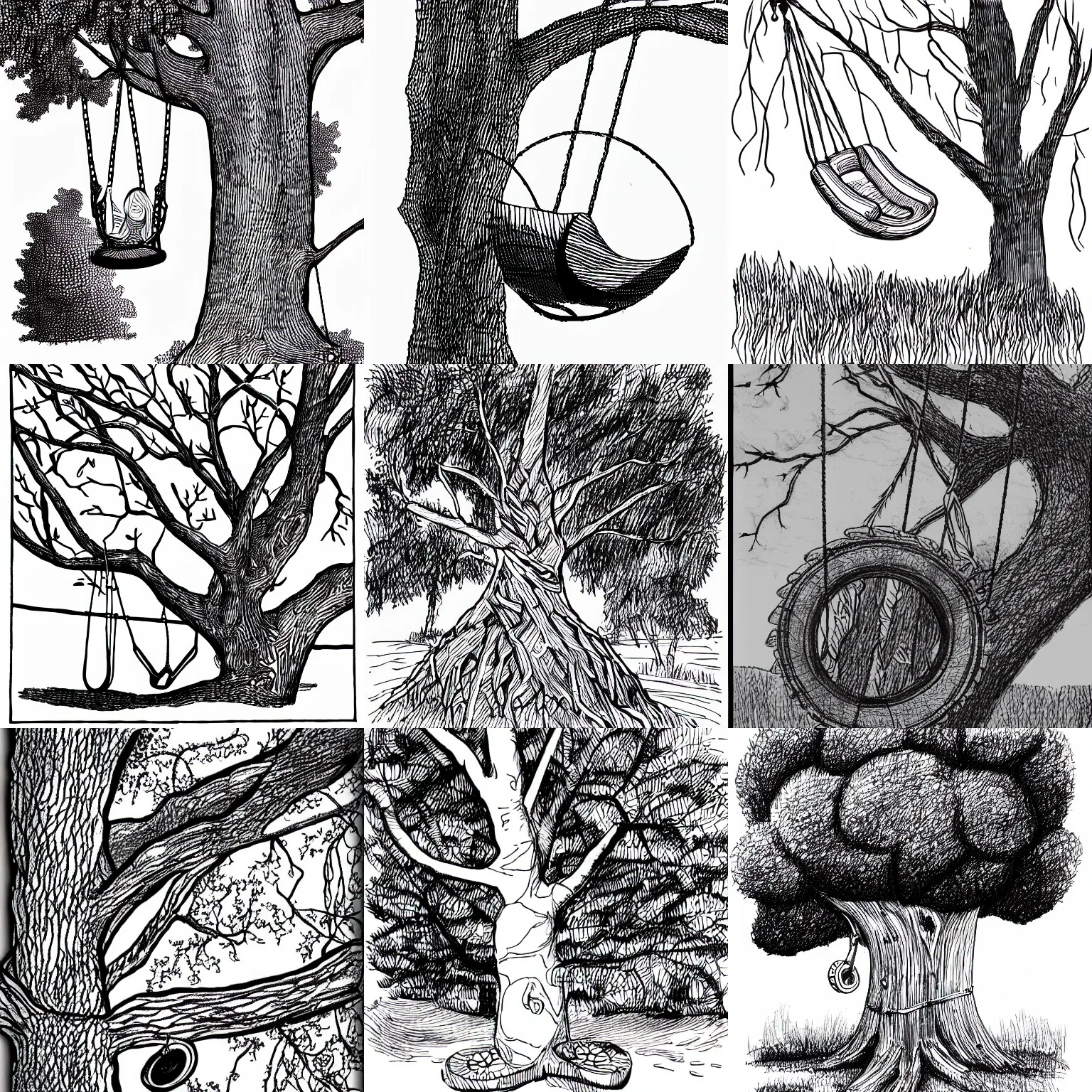 Prompt: black and white coloring book of a tire swing on a tree, line sketch