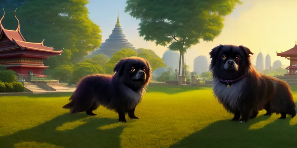 Image similar to a wholesome animation key shot of a black tibetan spaniel, thai temple in the background, studio ghibli, pixar and disney animation, sharp, rendered in unreal engine 5, anime key art by greg rutkowski, bloom, dramatic lighting