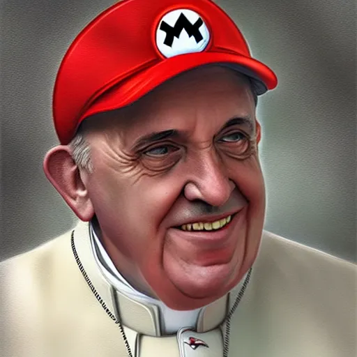 Image similar to pope francis as super mario, digital painting, trending on artstation, by artgerm and greg rutkowski and alphonse mucha