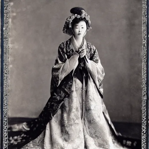 Image similar to A Russian and Japanese mix 1900s historical fantasy photograph of a empress bridal ensemble displayed on a mannequin featured inside of a museum.