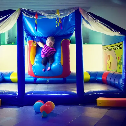 Image similar to a darkly lit indoor children's bounce house photo taken with a deposable camera limital space