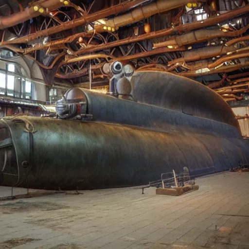 Image similar to Colour photo of steampunk submarine at dry dock