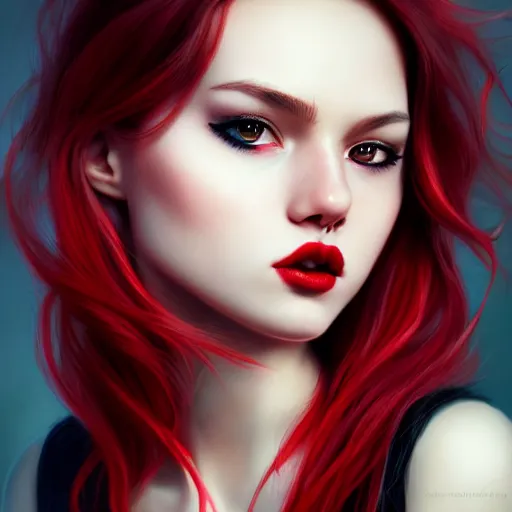 Image similar to a realistic illustration portrait of a beautiful cute girl with wavy black and red hair, a pointy nose and, round chin black eyeliner, trending on artstation, hyper - realistic lighting, intricate, ross tran, realistic hair