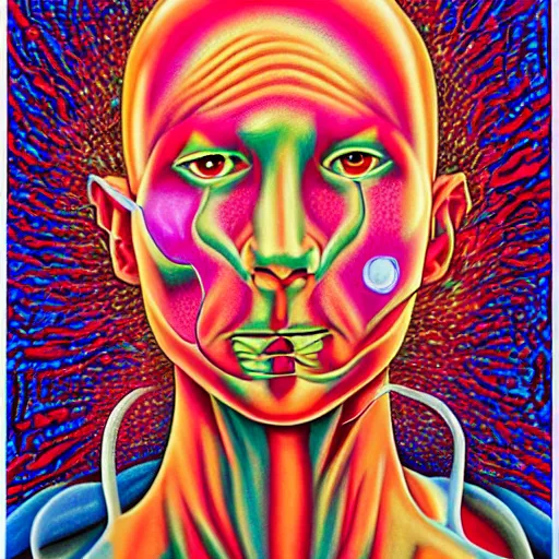 Prompt: Alex grey painting of popping a zit
