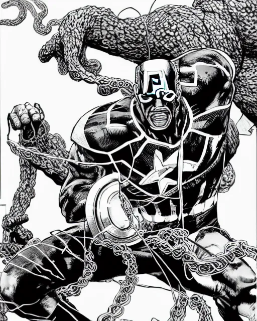 Image similar to black and white captain america defends himself with a shield against the sword of a giant tree monster with wires and tentacles in the cuberpunk forest, by tsutomu nihei, black and white