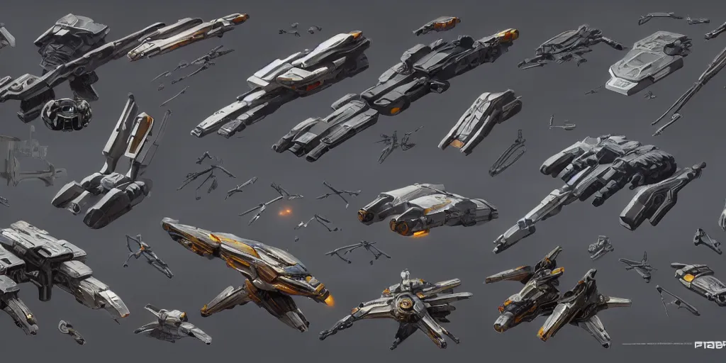 Prompt: futuristic sci - fi props and gadget, hard surface, collection, kitbash, parts, shape and form, in watercolor gouache detailed paintings, star citizen, modular, pieces, golden ratio, mobius, weapon, guns, destiny, big medium small, insanely details