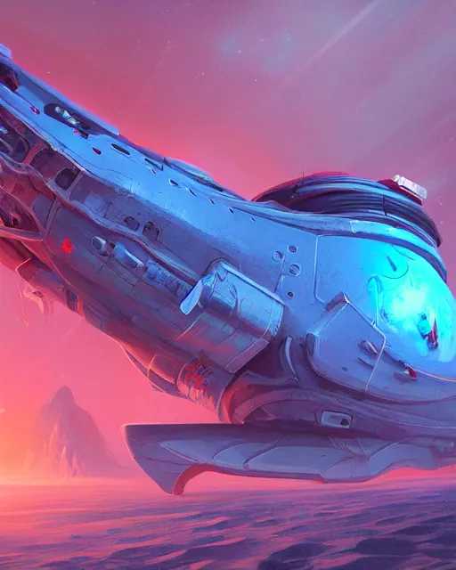 Prompt: legendary space ship, ice fish shape, desert planet, alien technology, cinematic, highly detailed, large blue engines, scifi, intricate digital painting, interesting angle, red glow, illustration, artstation, by johnson ting, jama jurabaev