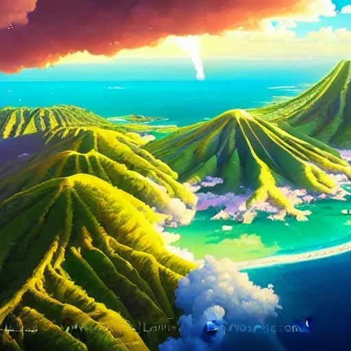 Image similar to a painting a breathtaking aerial view of Hawaiian islands, surrounded by palm trees, clouds, flowers, volcano, azure ocean, sunlight glistening, glow, , a detailed matte painting by sylvain sarrailh, Stephan Martinière, by RHADS, Makoto Shinkai, bokeh, Artstation contest winner, fantasy art, concept art, #vfxfriday