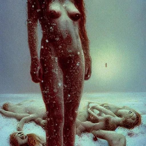 Image similar to a surrealist painting of a lonely woman with white skin and red hair standing over pile of bodies in post apocalyptic snowy landscape, painted by beksinski