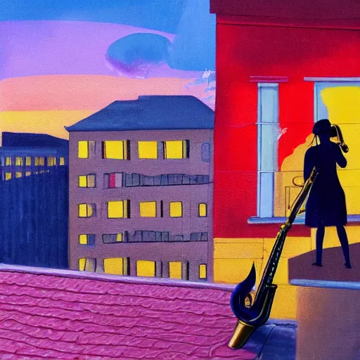 Prompt: a woman playing the saxophone on the roof of a building while it's raining, paint, golden hour