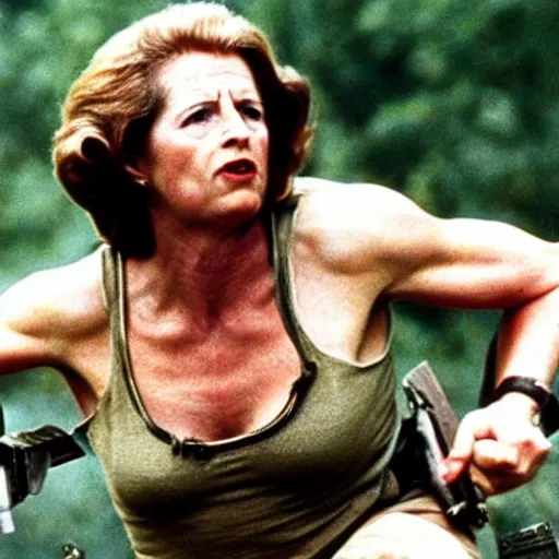 Prompt: A movie still of Margaret Thatcher as Rambo in Rambo First Blood (1982)