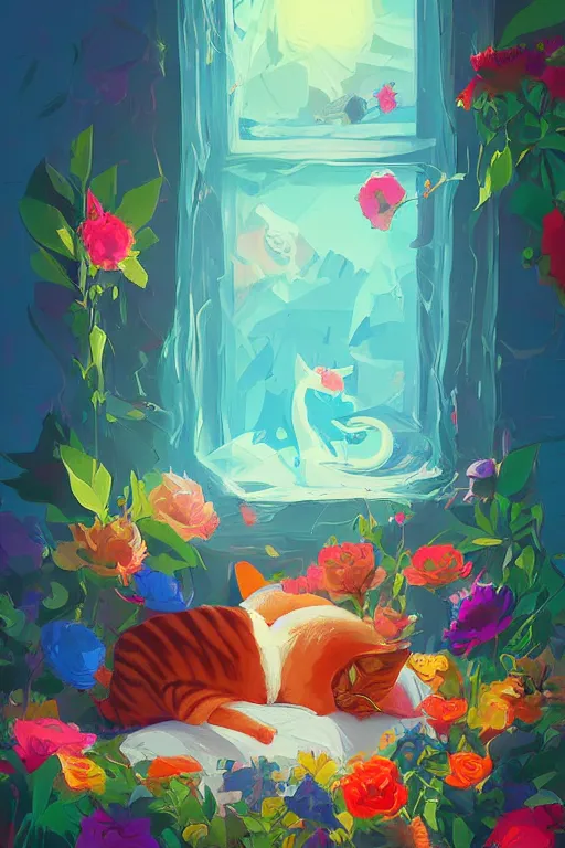 Image similar to a digital art of a cat sleeping in the room with flowers around in the afternoon, the sun shines in, animal, light effect, highly detailed, by anton fadeev