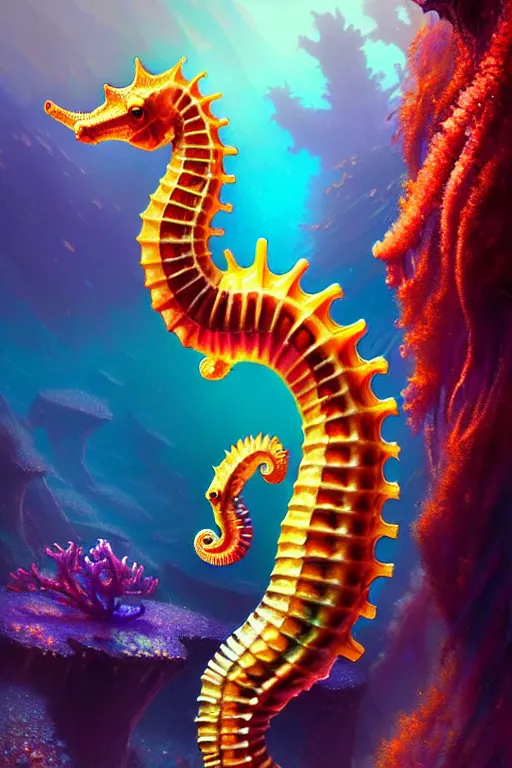 Image similar to highly detailed portrait of rainbow - colored seahorse, stephen bliss, unreal engine, fantasy art by greg rutkowski, rhads, ferdinand knab, makoto shinkai and lois van baarle, ilya kuvshinov, rossdraws, tom bagshaw, global illumination, radiant light, yellow blue theme, coral reef