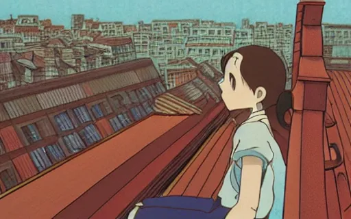 Image similar to a girl sitting on the roof of a building eating a sandwich, zoomed out, art by hayao miyazaki, studio ghibli film,