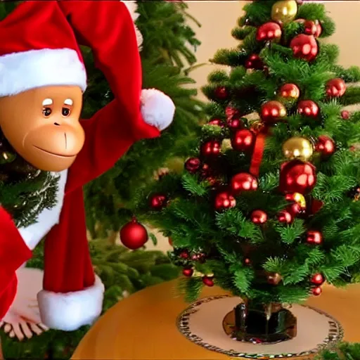 Image similar to capuchin monkey putting christmas tree ornament on christmas tree, standing next to humanoid robot, living room, 2 0 0 6 youtube video