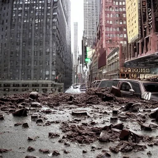 Prompt: tsunami of liquid chocolate on new york, post apocalyptic, cinematic ruin