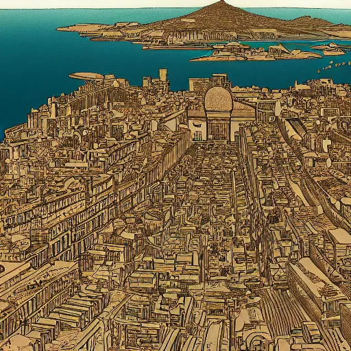 Prompt: aerial shot of Athens, 440 BCE, drawn by Moebius