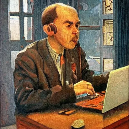 Image similar to detailed intricate soviet realism painting of webdesigner with laptop, heroic, beautiful, by sergei gerasimov