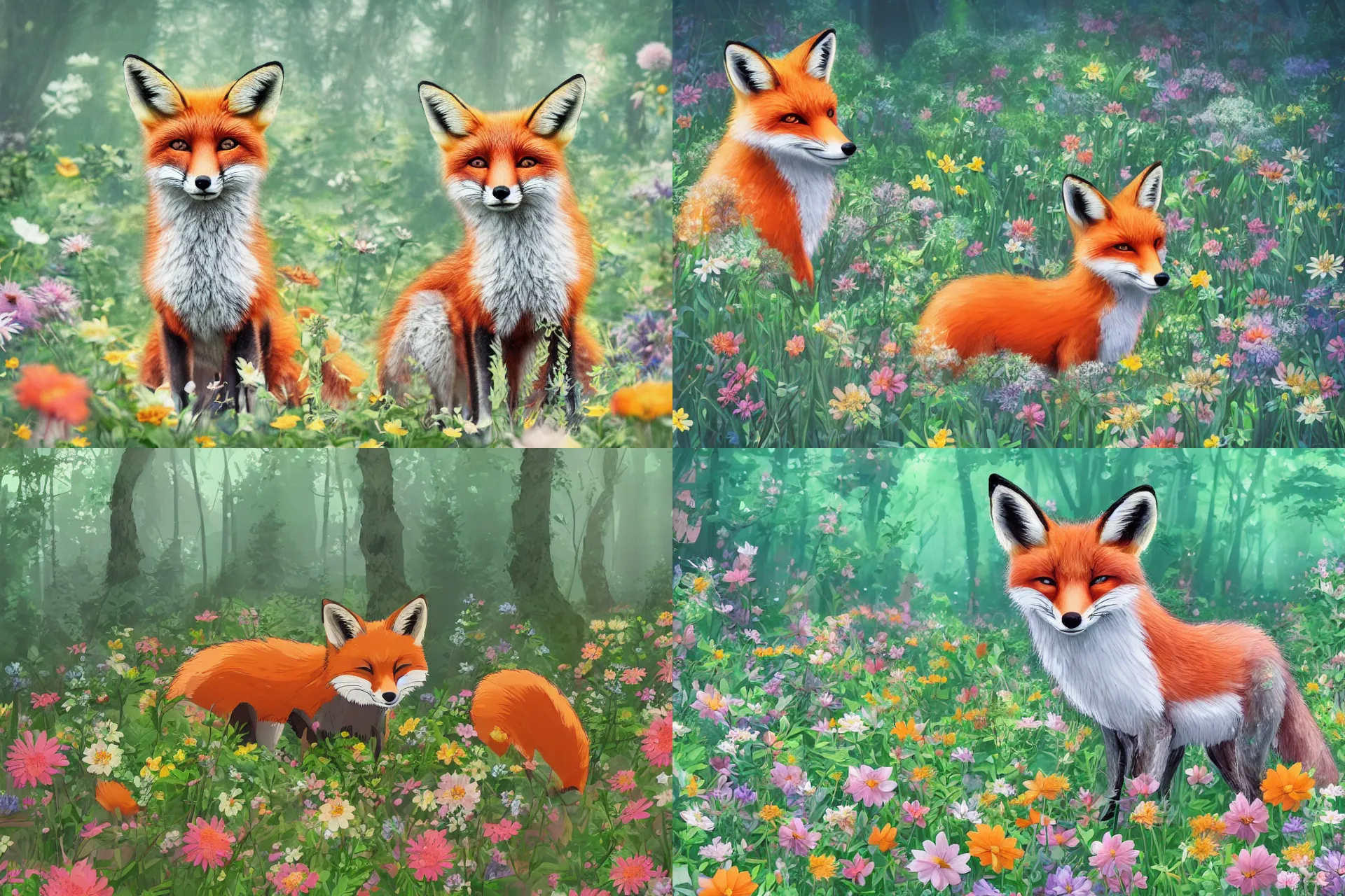 Prompt: an adorable fox in the forest covered in flowers, flowers everywhere, sunlight beaming down, studio ghibli style, soft fur, two pointed ears, long tail, high octane filter, beautiful lighting, wildlife, award-winning digital artwork